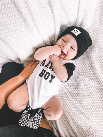 “MAMA’S BOY” TWO TONE SHORT SLEEVE ONESIE