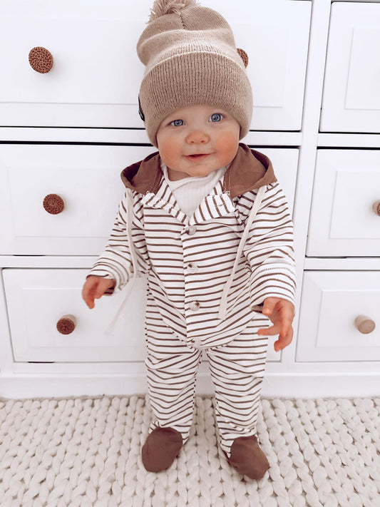 STRIPED HOODED FOOTIE ROMPER