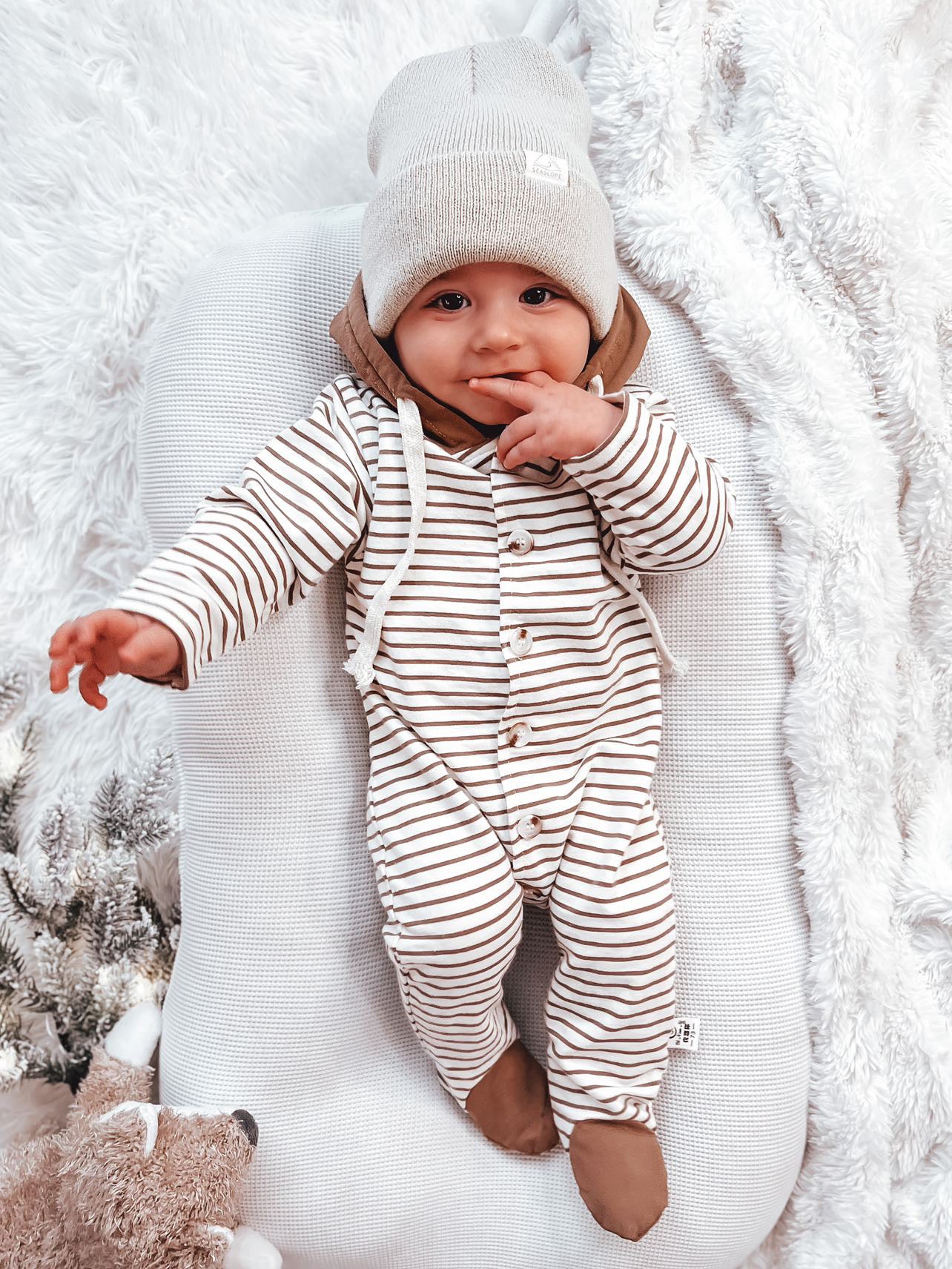 STRIPED HOODED FOOTIE ROMPER