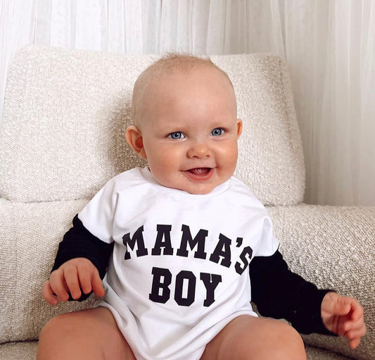 “MAMA’S BOY”TWO TONE LONG SLEEVE ONESIE