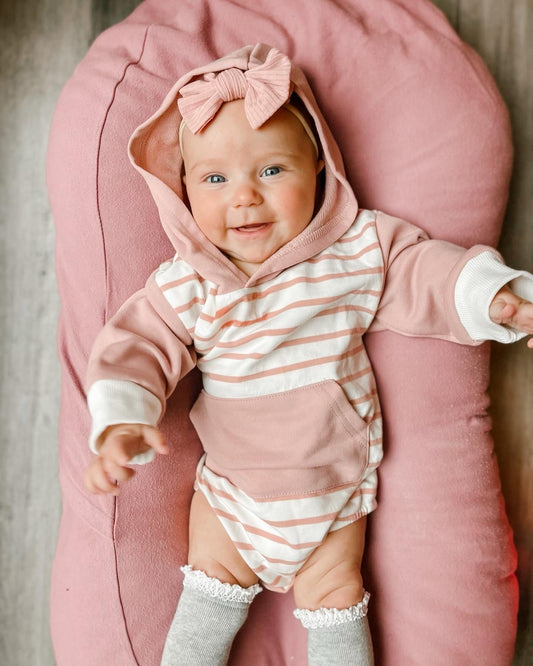 HOODED PINK STRIPED ONESIE