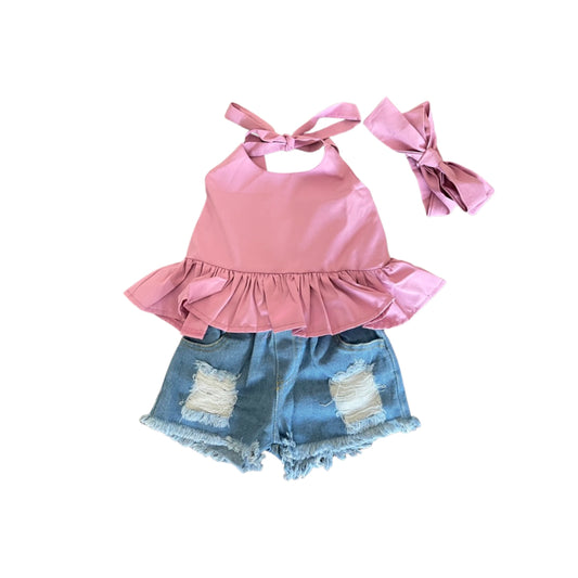 HALTER RUFFLE TOP WITH DISTRESSED SHORTS + BOW